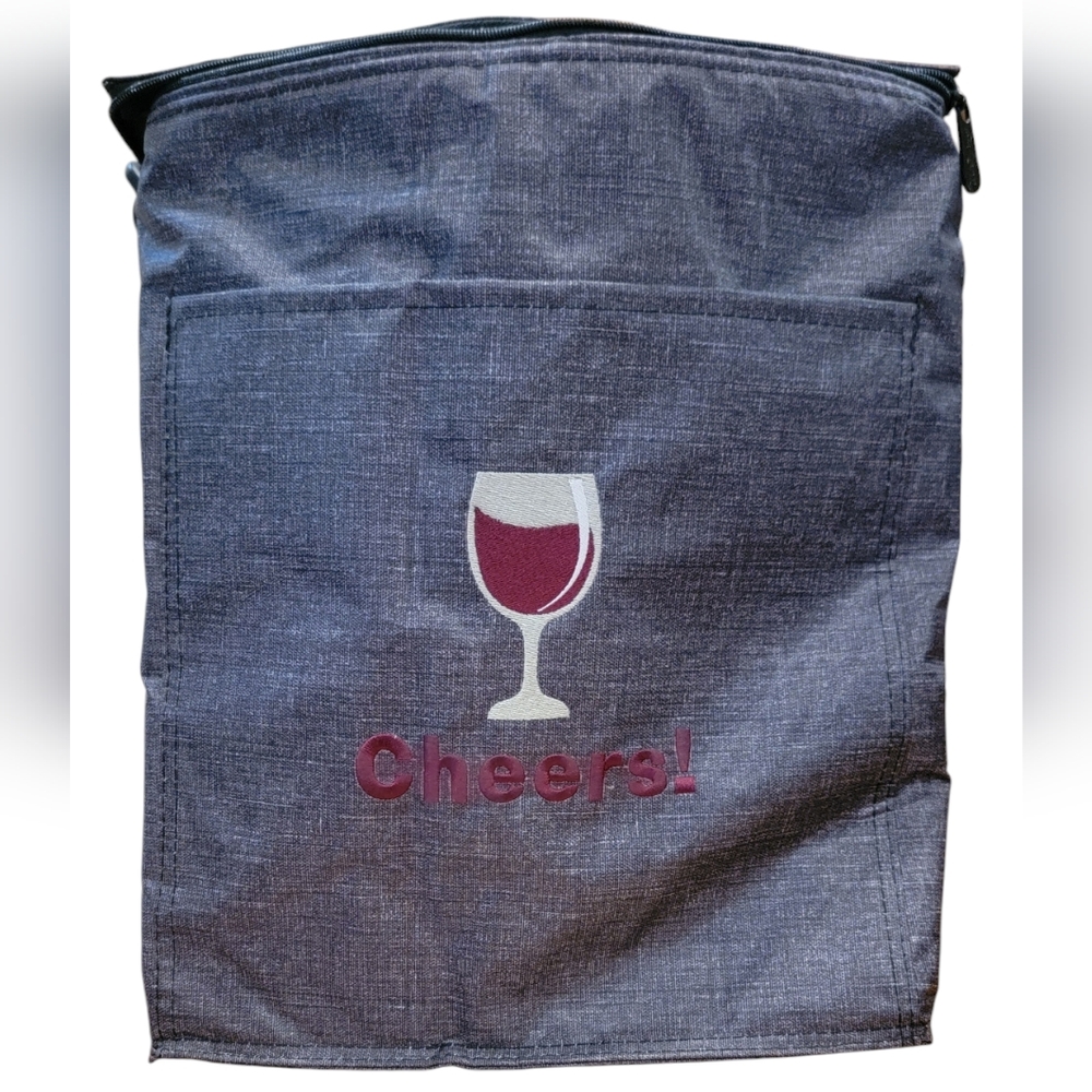 Thirty One Picnic Thermal Tote -Wine Glass "Cheers" Embroidery - Blue Crosshatch